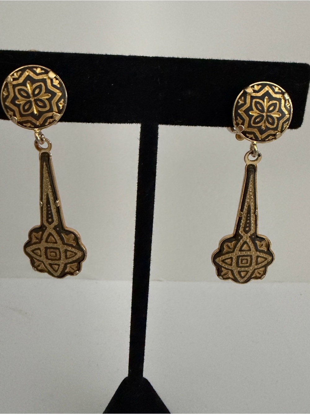 Gold and Black Floral Medallion Drop Earrings